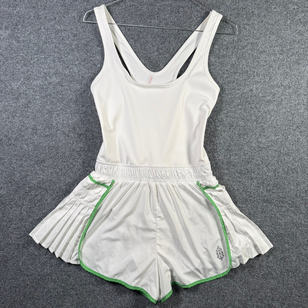 Free People Easy Tiger Movement Romper Womens XS White Green Pleated Tennis